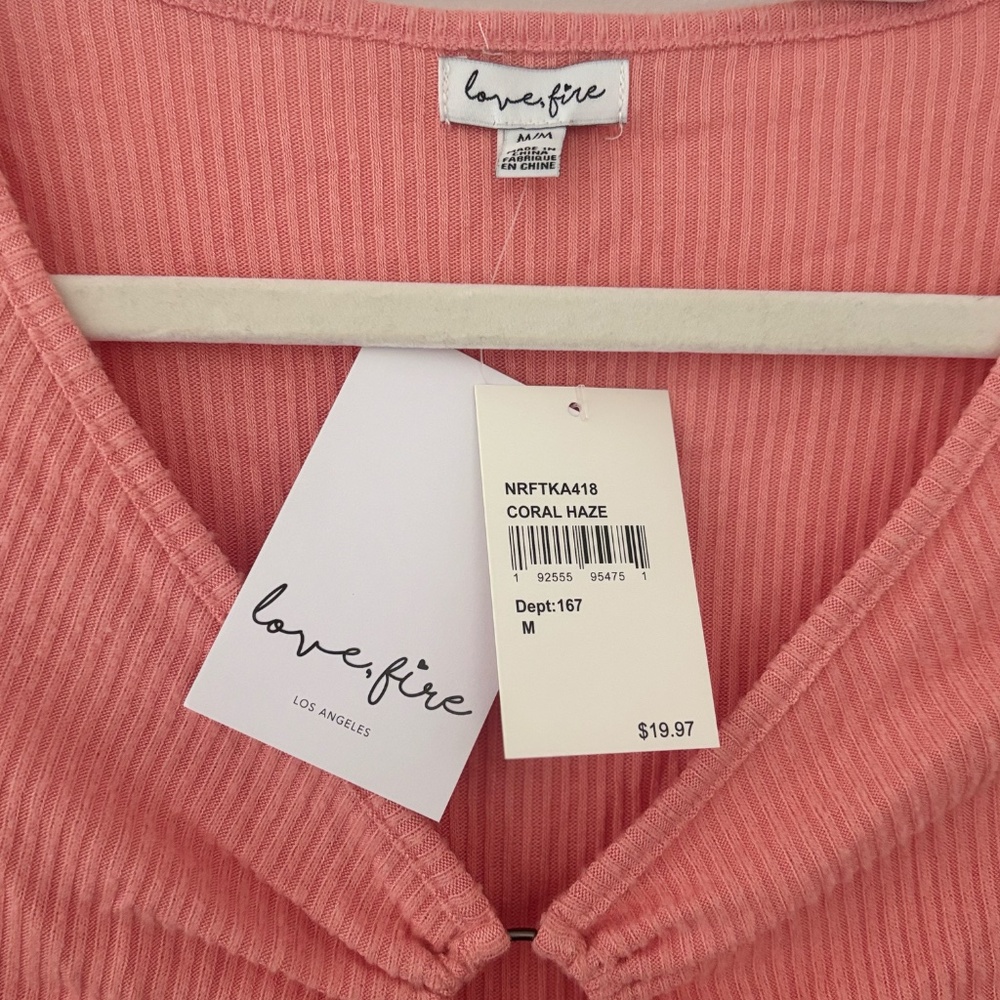 Love Fire Coral Pink O Ring Long Sleeve Ribbed Knit Top - Picture 3 of 5